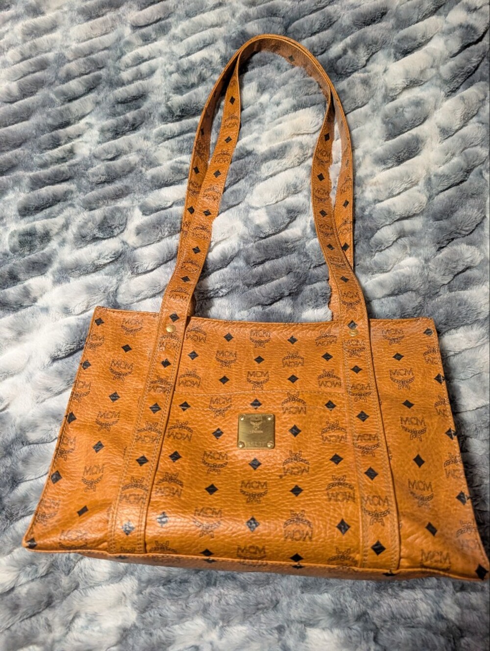 MCM Cognac Brown Logo Tote with Gold Plaque